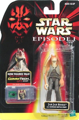 Star Wars Action Figure - Jar Jar Binks with Gungan Battle Staff - Episode 1 - with CommTech Chip