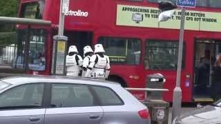 Stormtroopers attempt to get on London Bus outside Jedi-Robe Shop