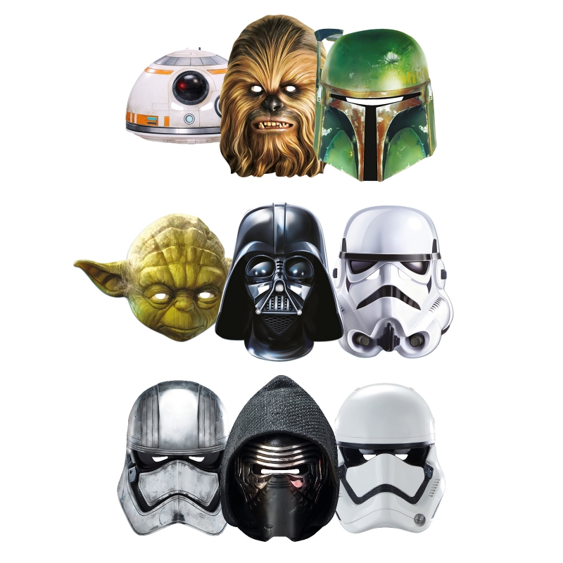 1555552857.jpg Star Wars MASKS - Character Mask Party Pack 14 - 1 x First Order Stormtrooper - 1 x Kylo Ren - 1 x Captain Phasma - 1 x BB-8 - 1 x Darth Vader - 1 x Stormtrooper - 1 x Yoda - 1 x Chewbacca - 1 x Boba Fett
