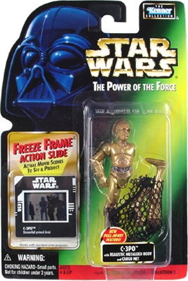 374492371.jpg Star Wars Action Figure - C-3PO with Realistic Metalized Body and Cargo Net - Freeze Frame Action Slide